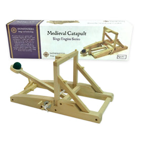 PATHFINDERS Medieval Catapult kit assembly showing wooden parts for hands-on engineering