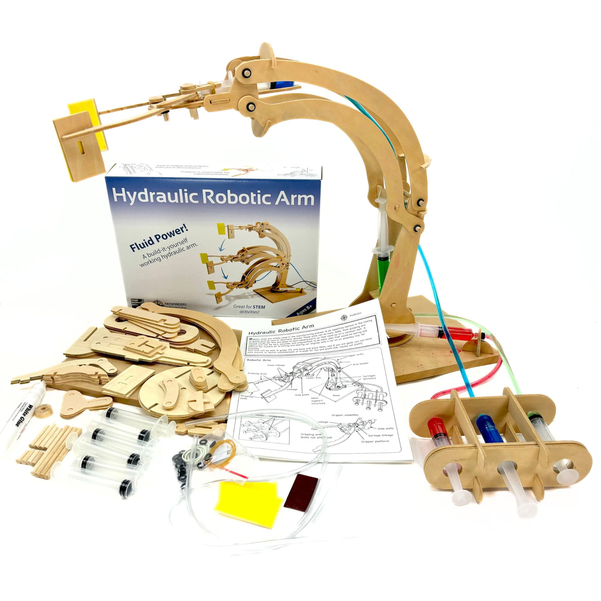 PATHFINDERS hydraulic arm kit parts laid out for beginner-friendly assembly.
