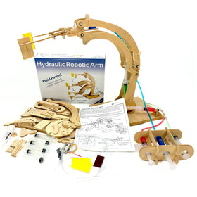 PATHFINDERS hydraulic arm kit parts laid out for beginner-friendly assembly.