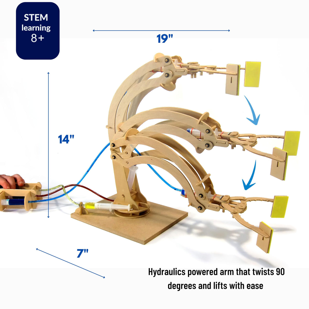PATHFINDERS hydraulic arm being assembled at a desk for hands-on learning.