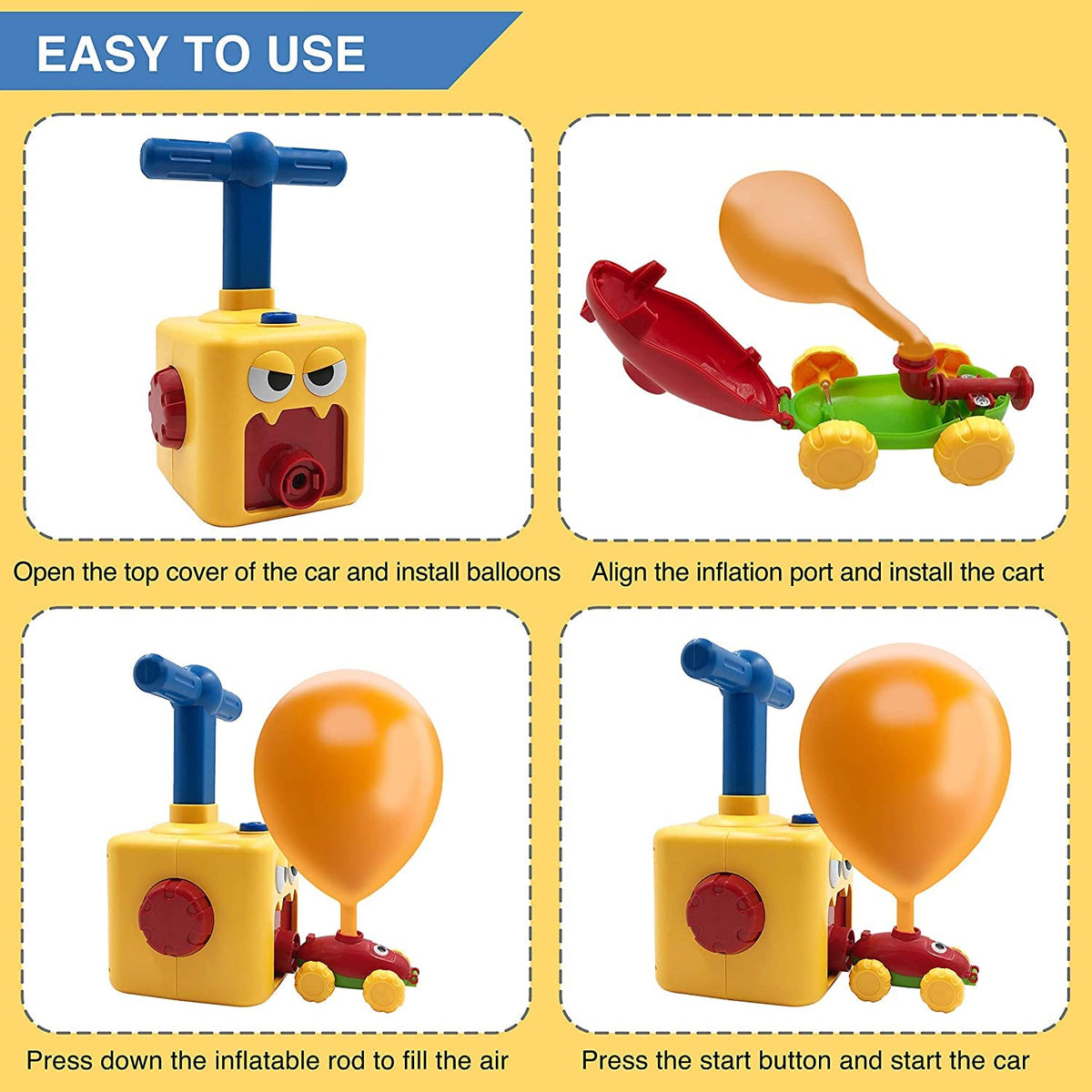 PATHOSIO PETS Balloon Powered Car Pump Action demonstrates easy three-step setup