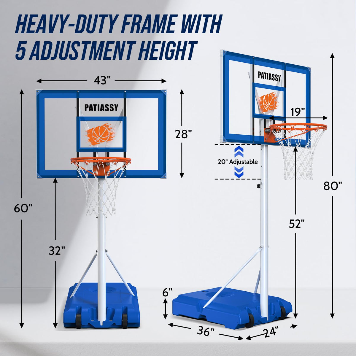 Patiassy adjustable-height hoop from 60 to 80 inches for all ages