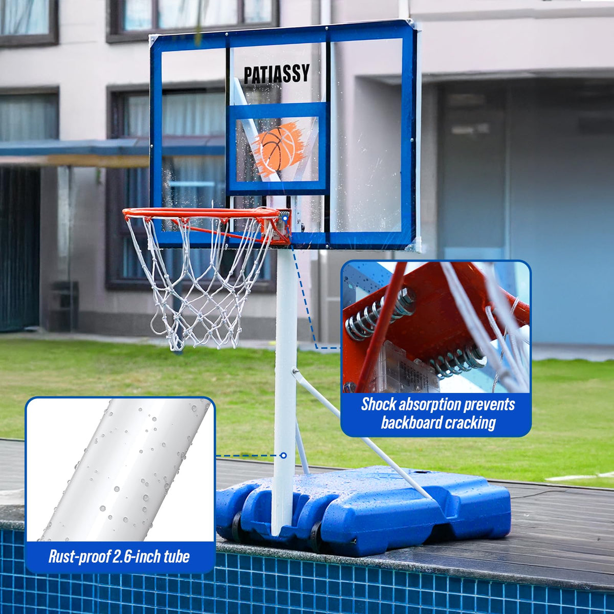 Patiassy marine-grade E-coated frame resists rust in pool environments