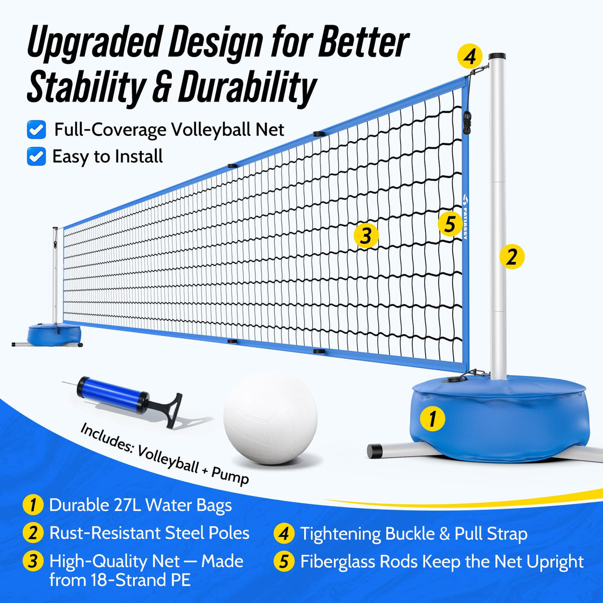 Patiassy pool volleyball net full‑coverage showing uninterrupted play width