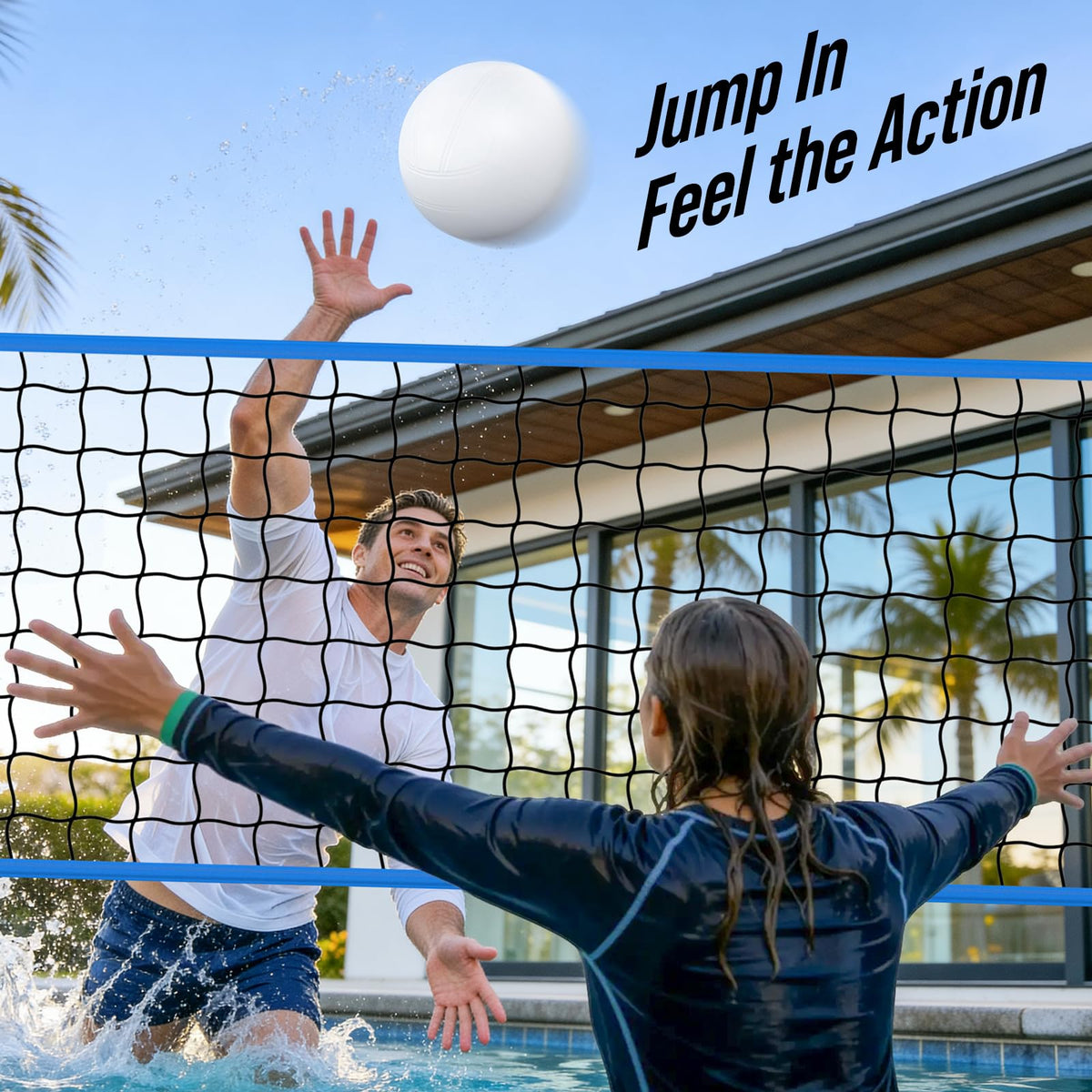 Patiassy in-use scene with kids and adults enjoying pool volleyball