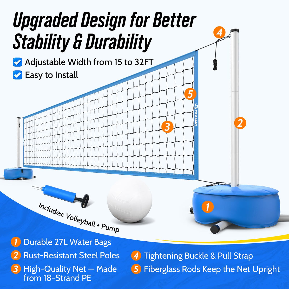 Patiassy sag-free design maintains upright net during energetic play