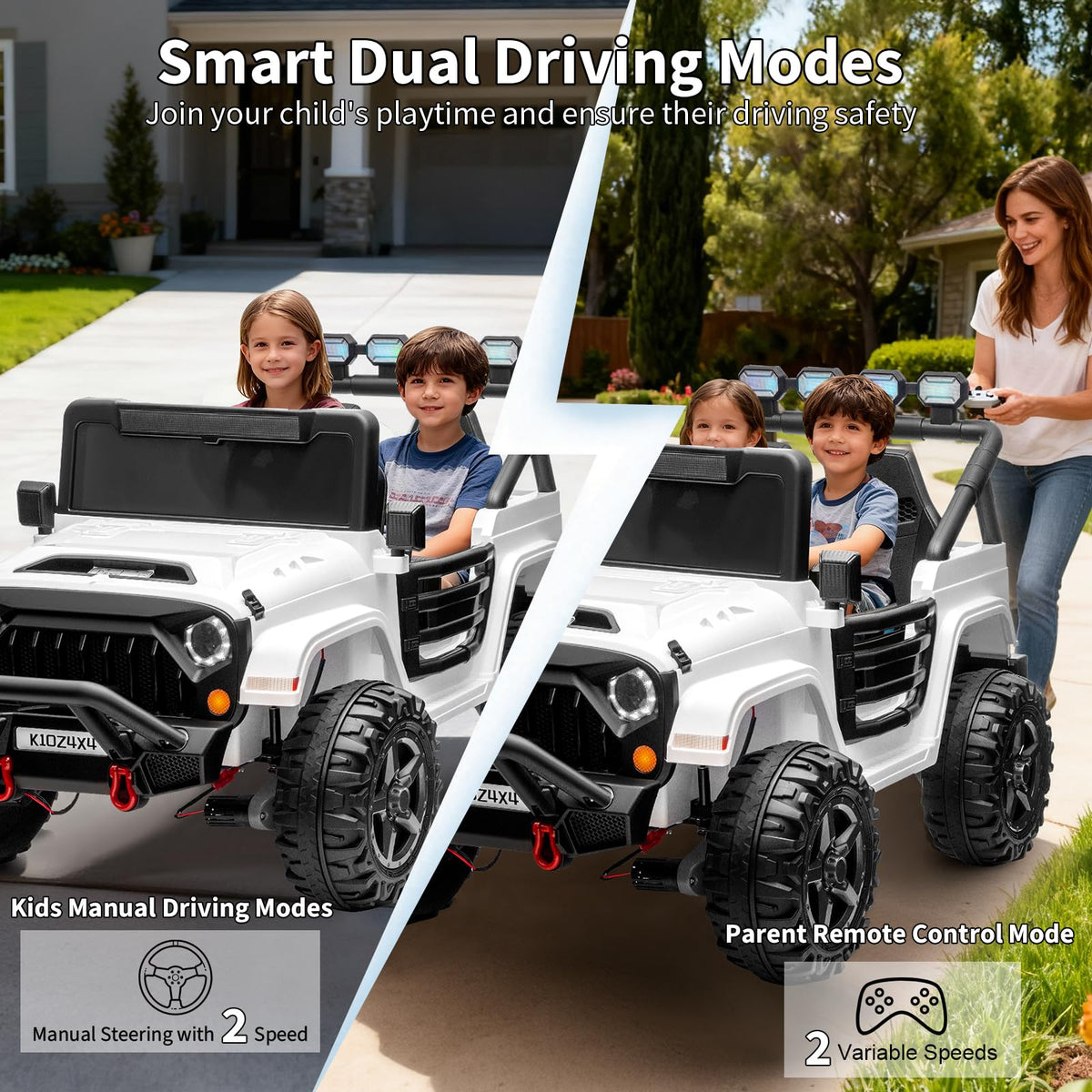 Patikuin 24V two-seater ride-on car in motion with 4x4 drive.