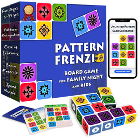 Pattern Frenzi board game setup with cards and wooden blocks for family play