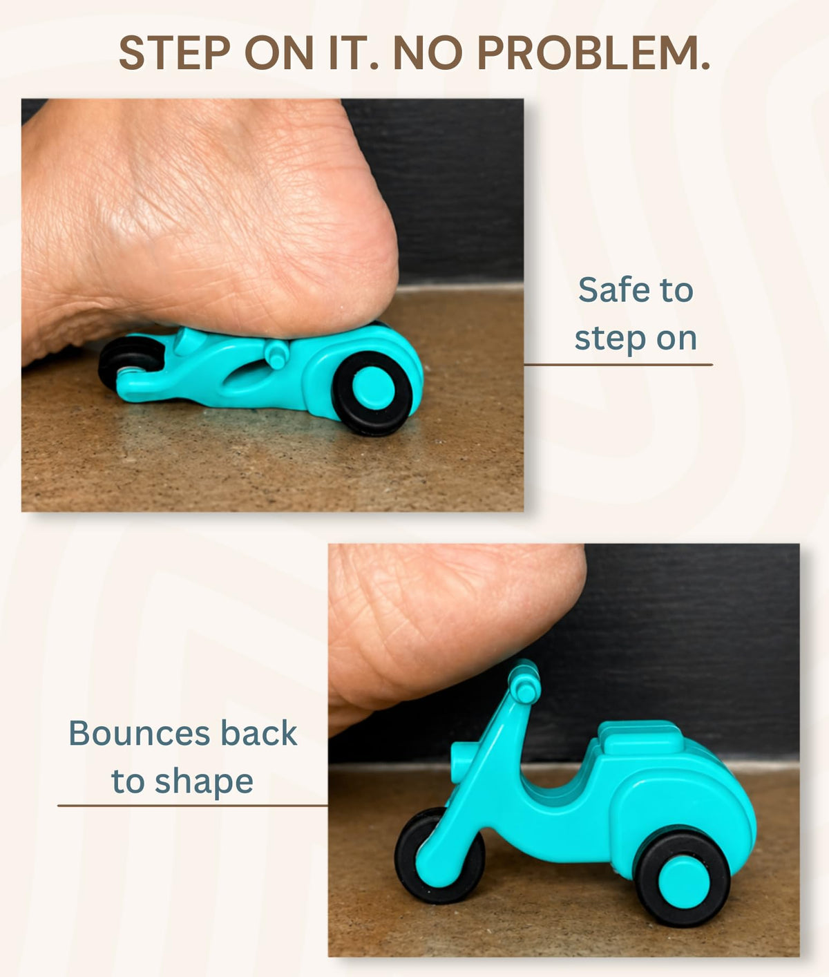 Pattern Frenzi soft silicone car with rounded edges ideal for small hands.
