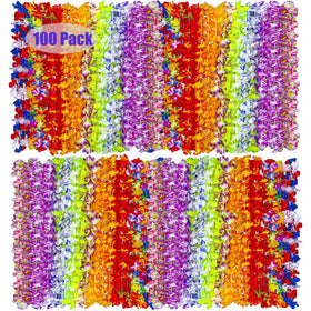 Patyflow Hawaiian leis set of 100 colorful necklaces for festive luau decorations.