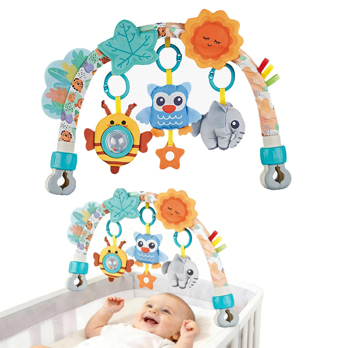 Pau1Hami1ton Owl arch toy on a stroller for visual tracking and tactile play.