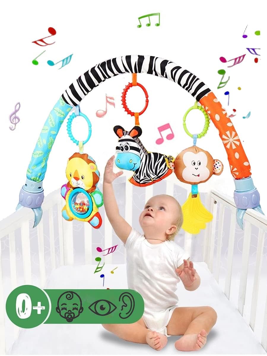 Pau1Hami1ton Zebra arch with hanging toys over a baby stroller for visual play