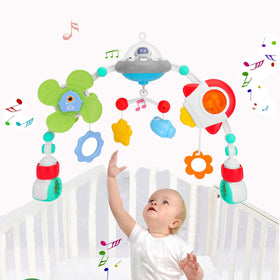 Pau1Hami1ton Spacecraft arch toy on stroller supports visual tracking and calming play.
