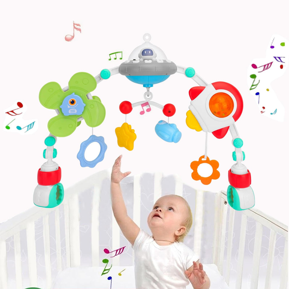 Pau1Hami1ton Spacecraft arch toy on stroller supports visual tracking and calming play.