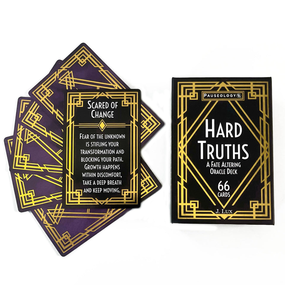 Pauseology Hard Truths deck cover with gold foil for premium ritual starts.