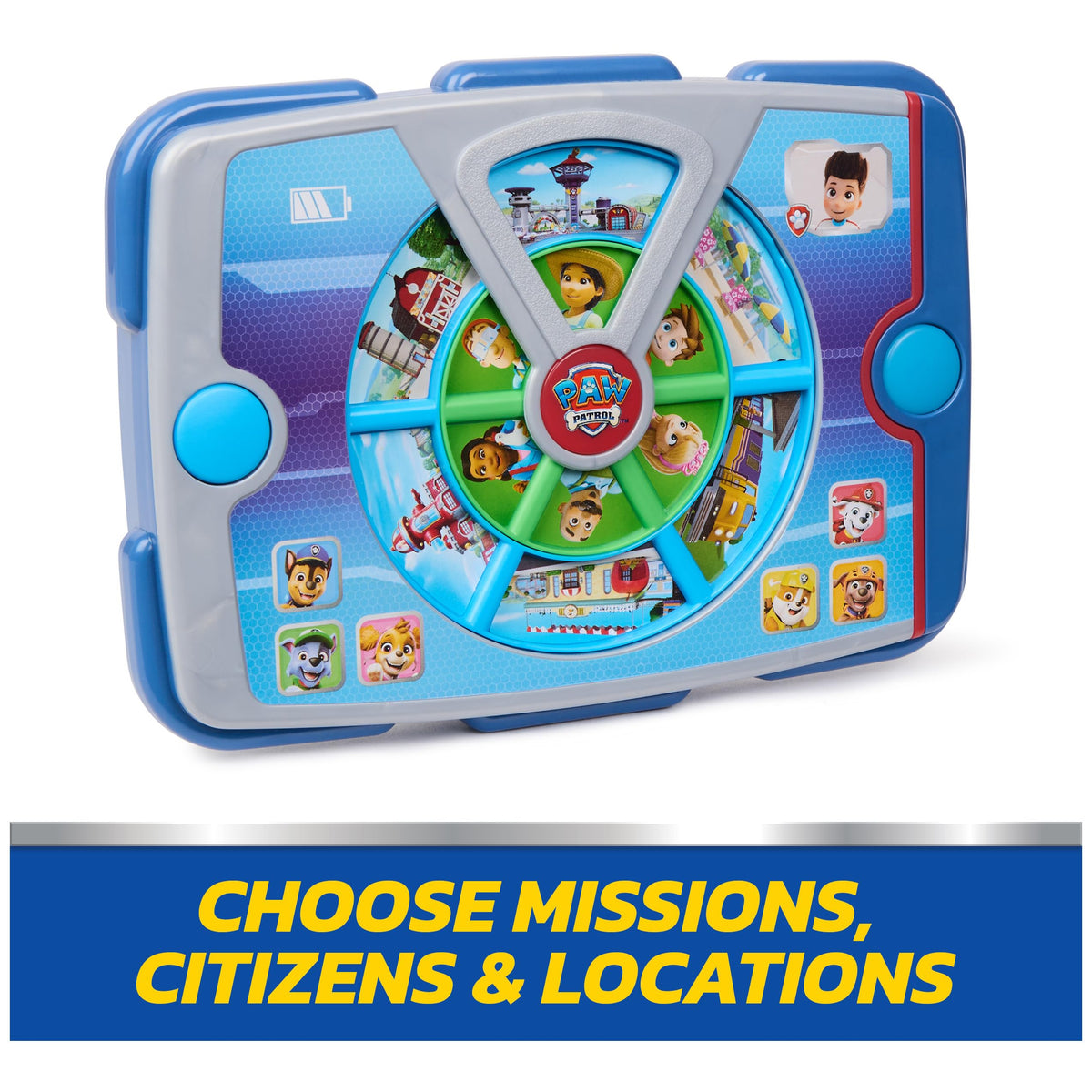 Paw Patrol Pup Pad center button triggers music and effects for pretend play