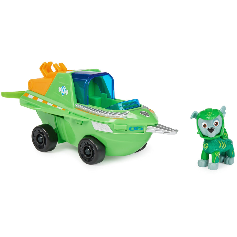 Paw Patrol Aqua Pups Rocky with sawfish vehicle ready for imaginative sea rescue play.
