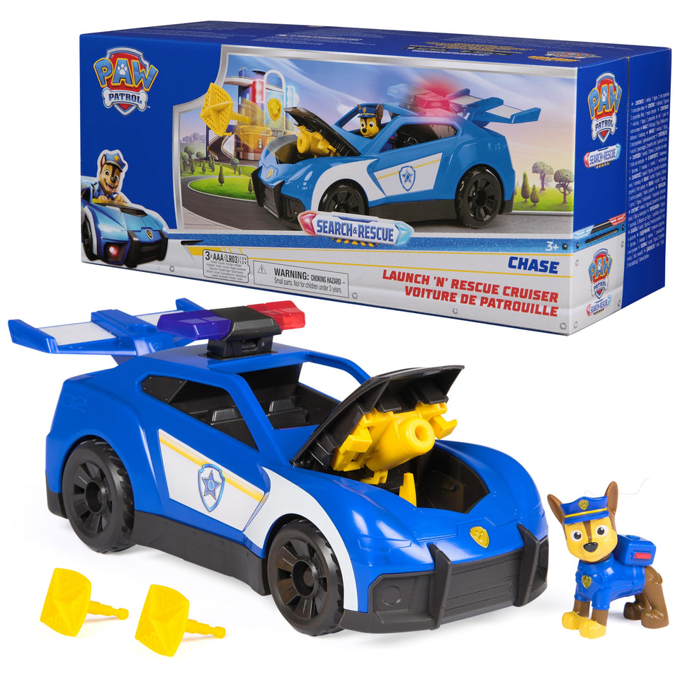 PAW Patrol Chase Launch 'N' Rescue Cruiser with lights in action enhances rescue play.