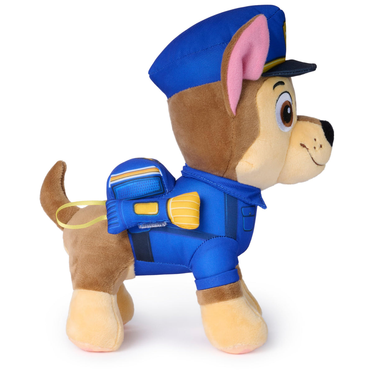 Chase in blue and yellow police uniform ready for pretend rescues.