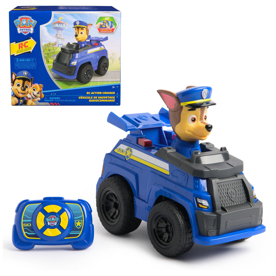 Paw Patrol Chase RC Action Cruiser front view with blinking LED lights for immersive pretend play.