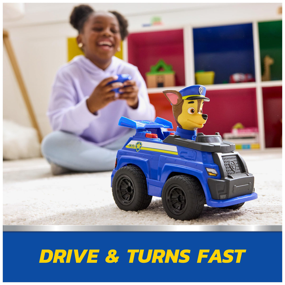 Paw Patrol Chase RC Action Cruiser LED lights in motion for thrilling night play.