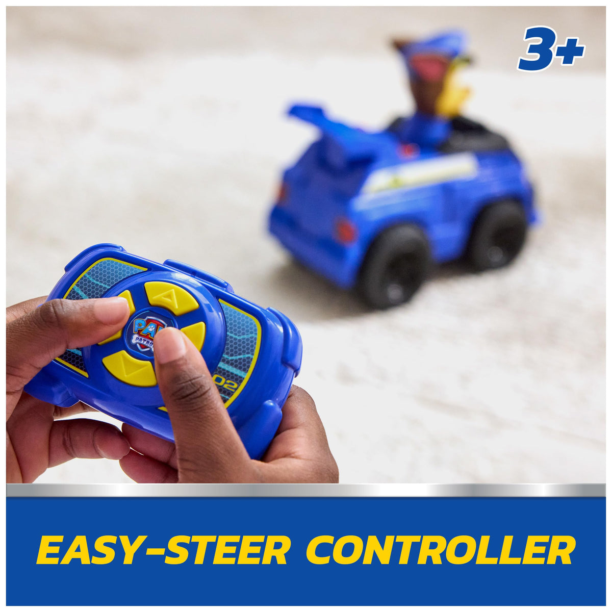 Paw Patrol Chase RC Action Cruiser side view showing the easy-steer remote for beginners.