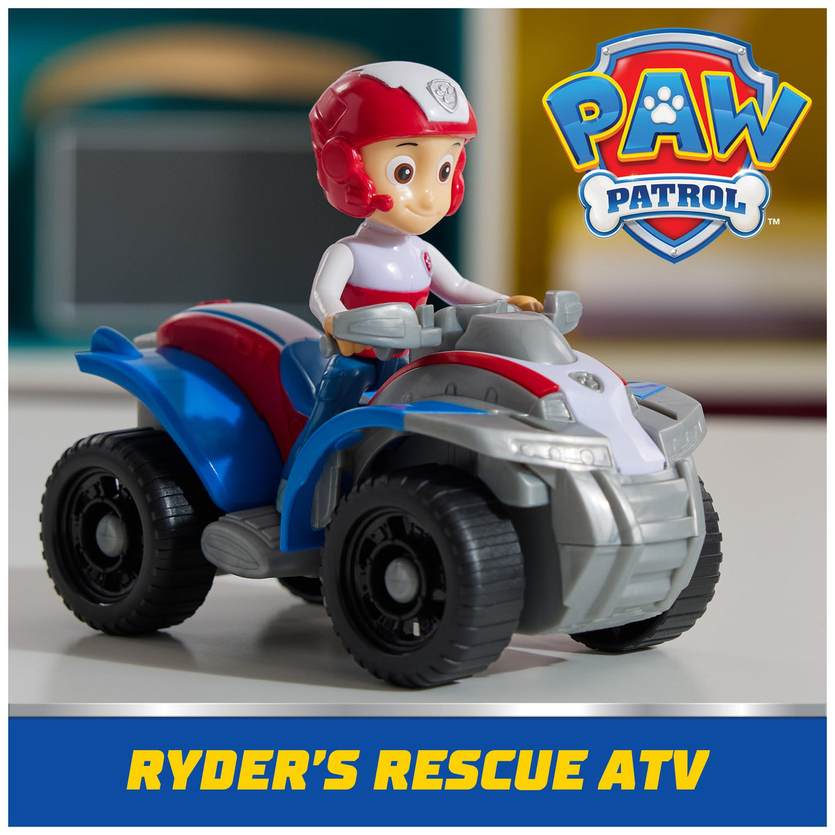 PAW Patrol collectible Ryder figure fits into the ATV for rescue missions.