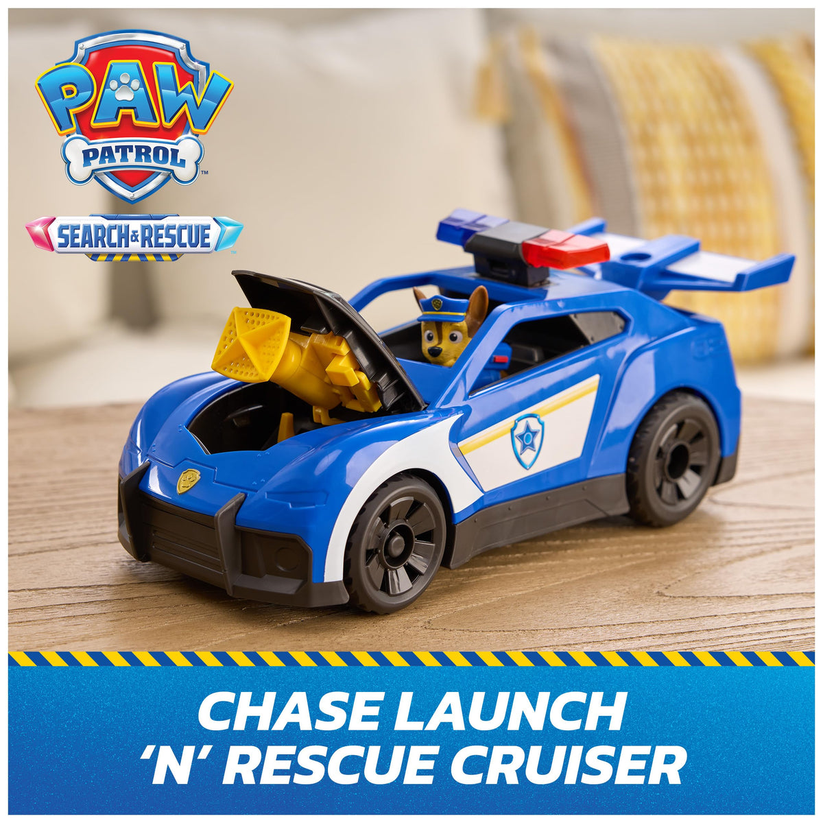PAW Patrol Cruiser light bar activates sounds for immersive missions.