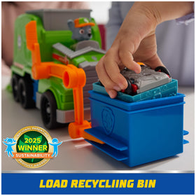 Recycling bin with truck prompts kids to role-play cleanup missions