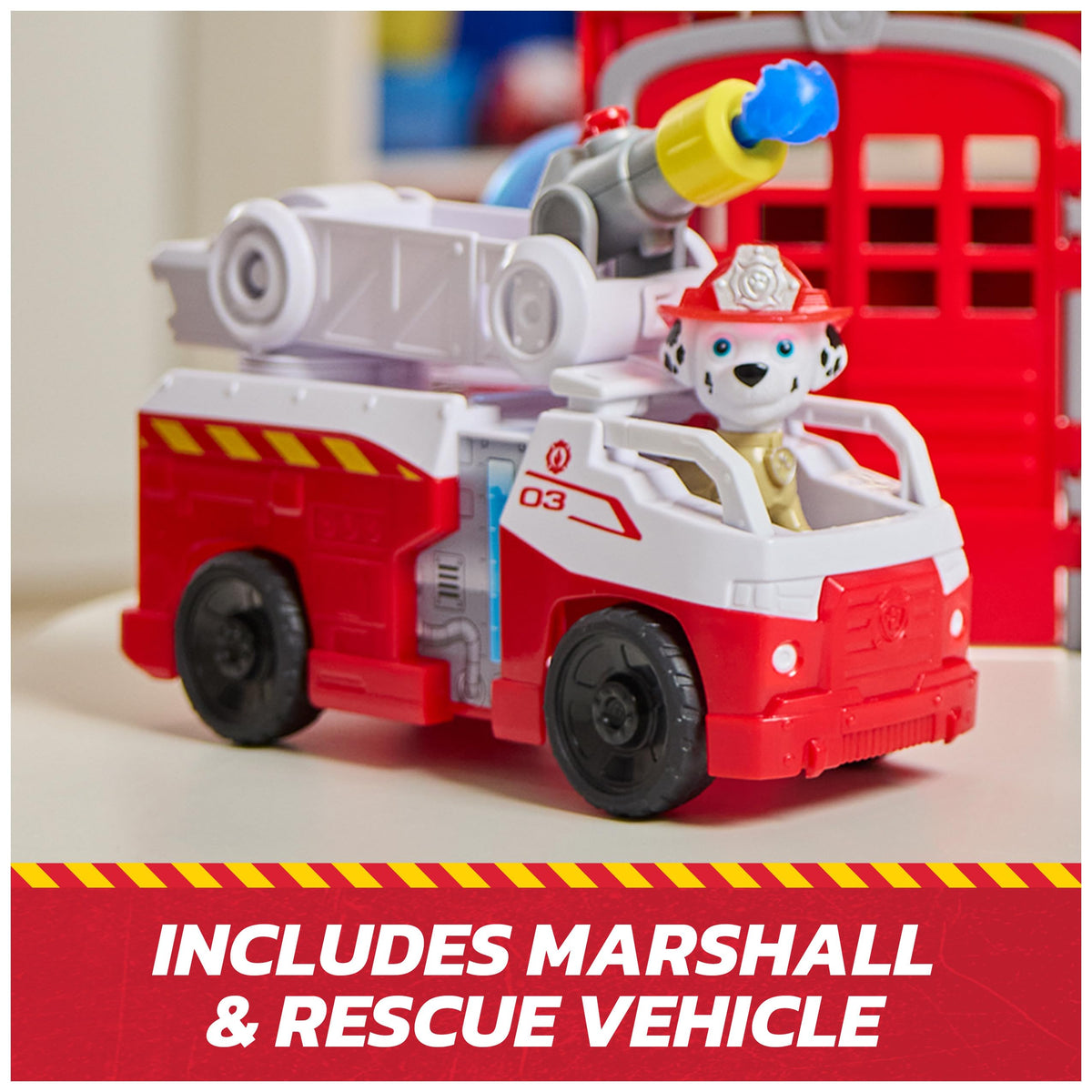Marshall on the fire pole enables dynamic downward spins during rescues.