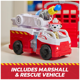Marshall on the fire pole enables dynamic downward spins during rescues.