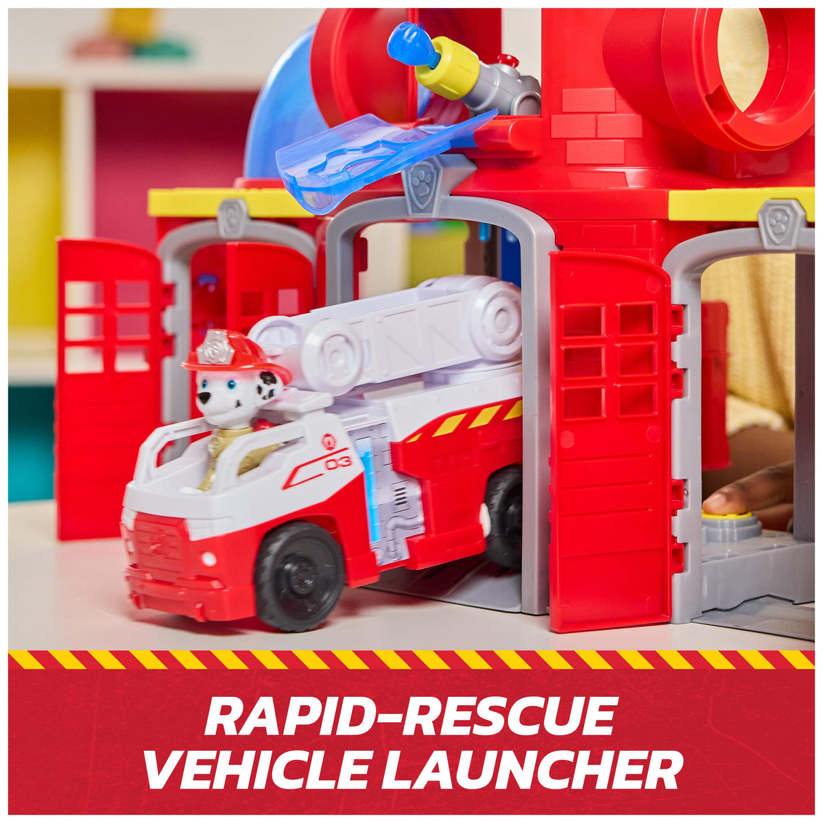 Pretend water fill station supports realistic truck refills.