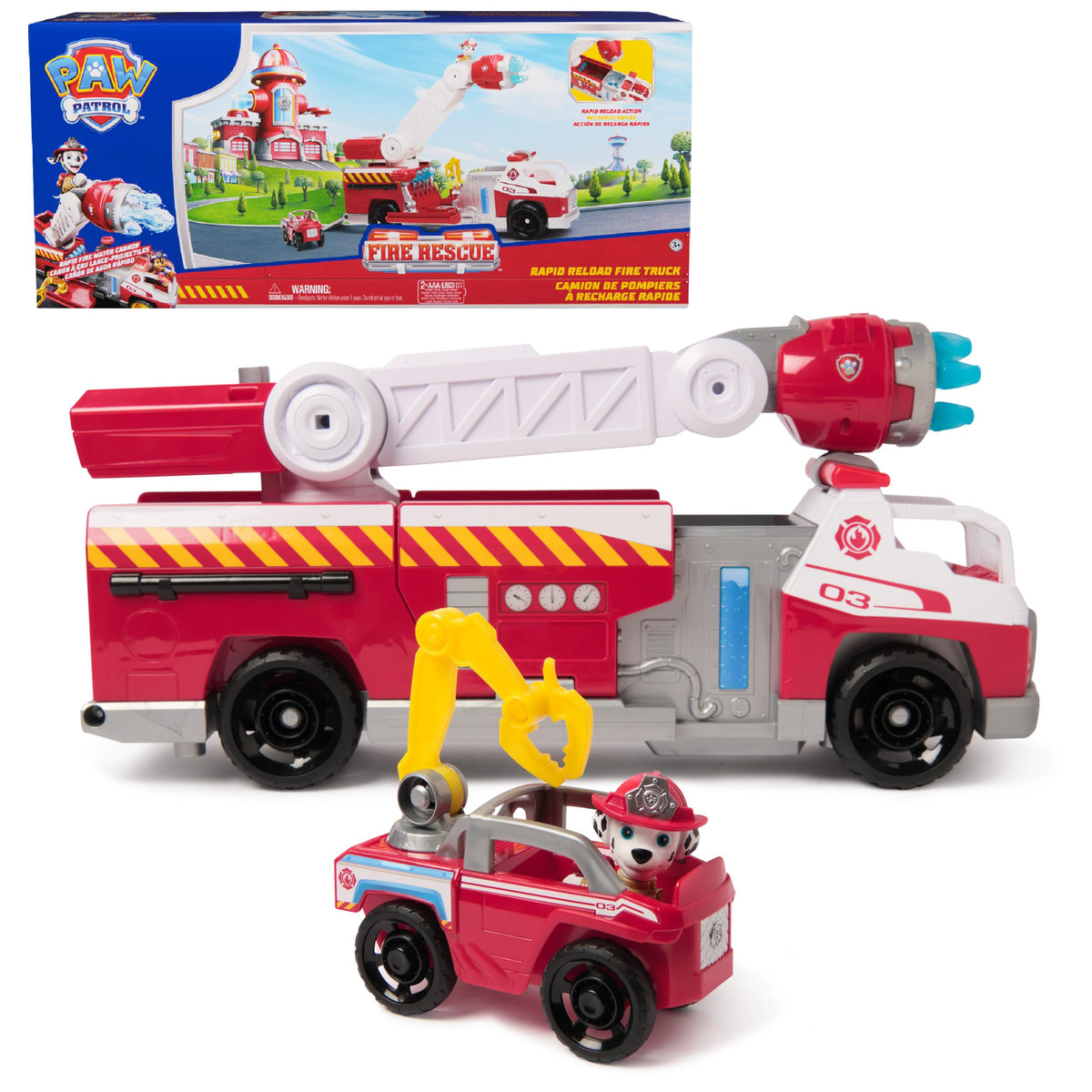 PAW Patrol Fire Rescue rapid reload fire truck with lights and sounds for imaginative play.