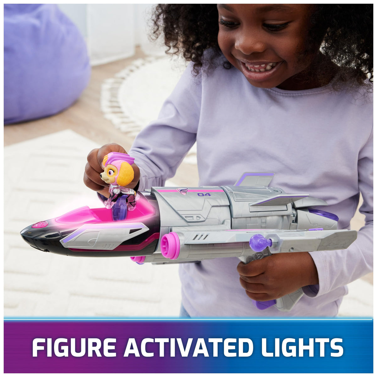 Skye action figure fits cockpit for authentic Mighty Movie adventures.