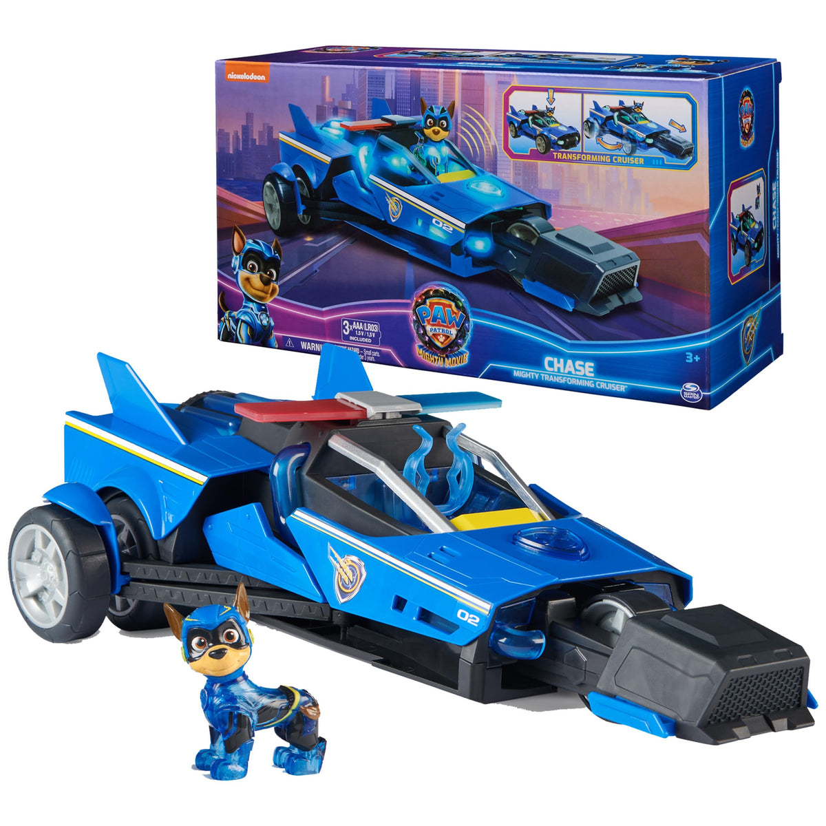 Paw Patrol Mighty Transforming Cruiser front view with Chase, ideal for imaginative rescue play