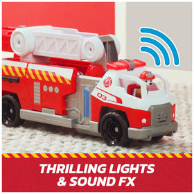 Movable rescue ladder enables dynamic height changes during firefighting pretend play.
