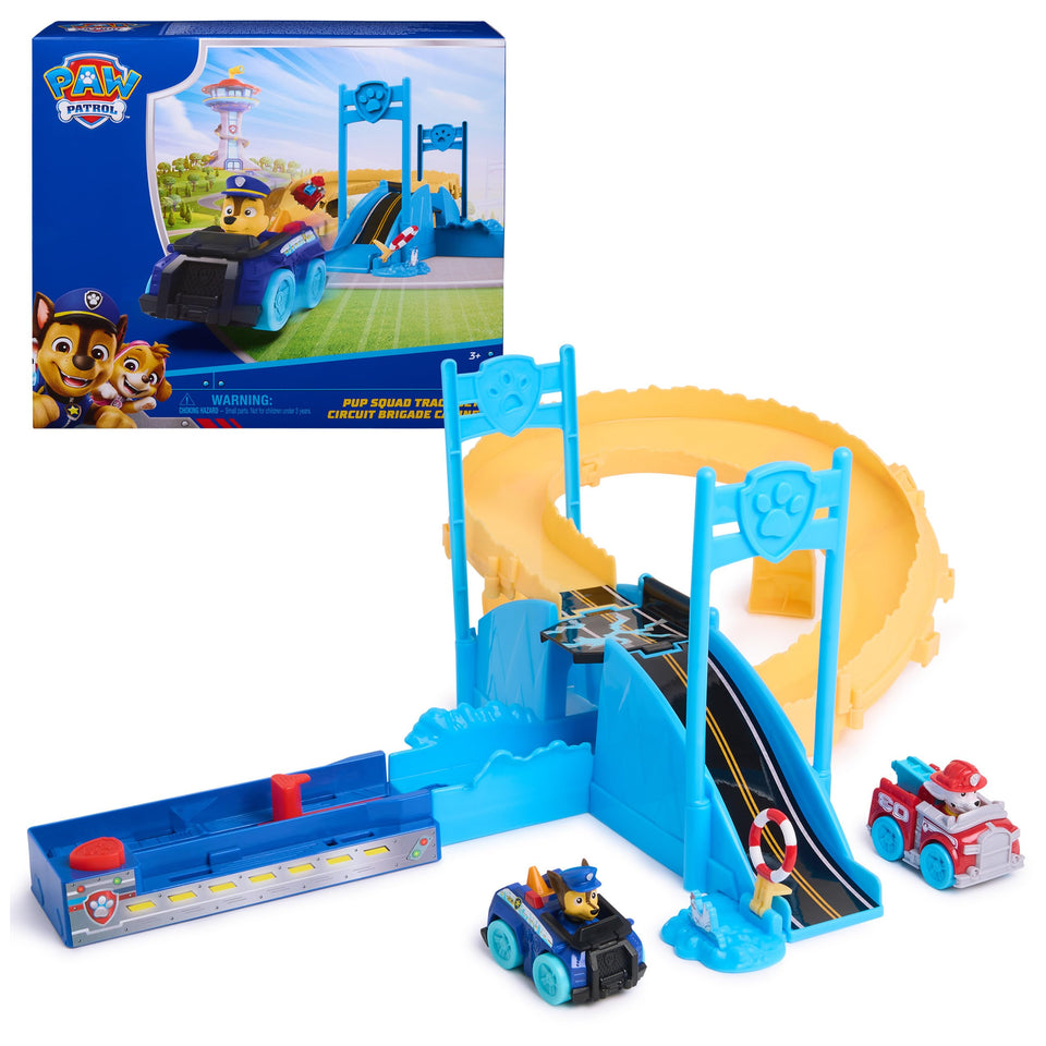 PAW Patrol Pup Squad Track Set with Chase and Marshall ready for on-the-go rescue adventures.