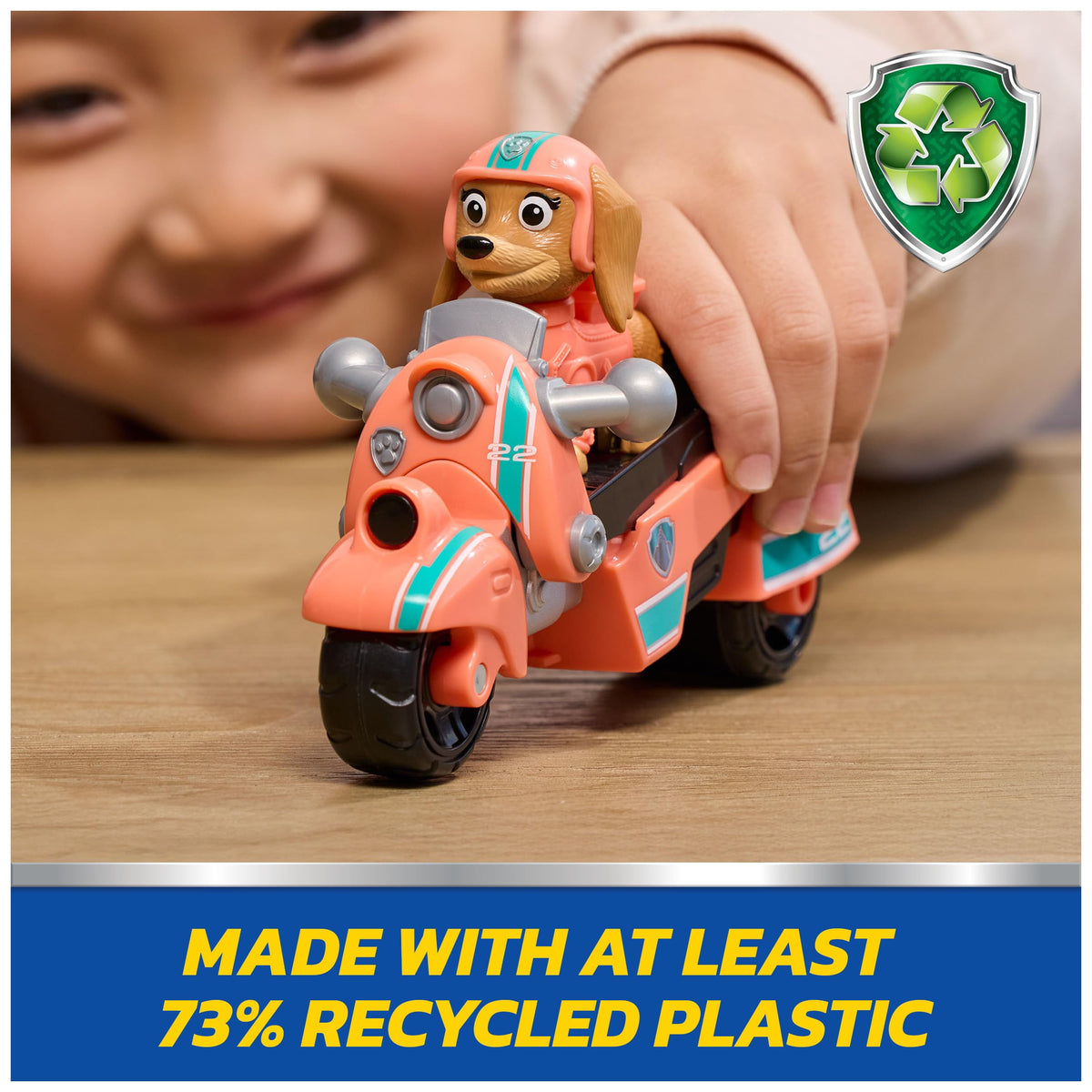 Paw Patrol rescue motorcycle with moving wheels enabling smooth scooting play.
