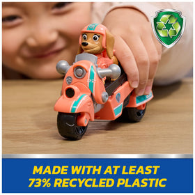 Paw Patrol rescue motorcycle with moving wheels enabling smooth scooting play.