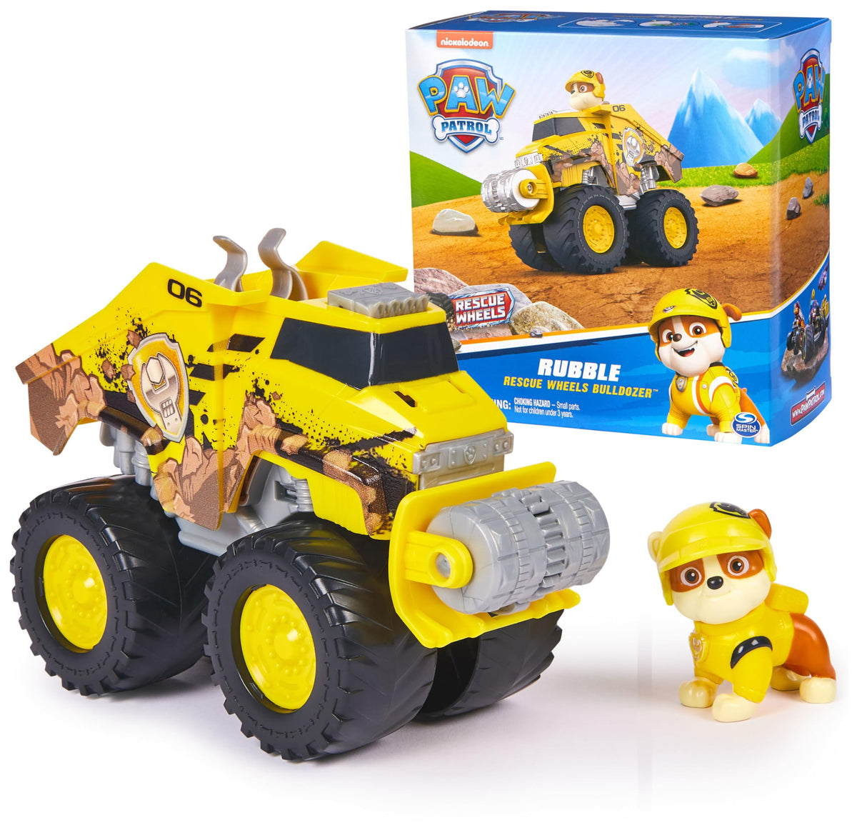 PAW Patrol Rescue Wheels Rubble’s Bulldozer truck ready for off-road adventures.