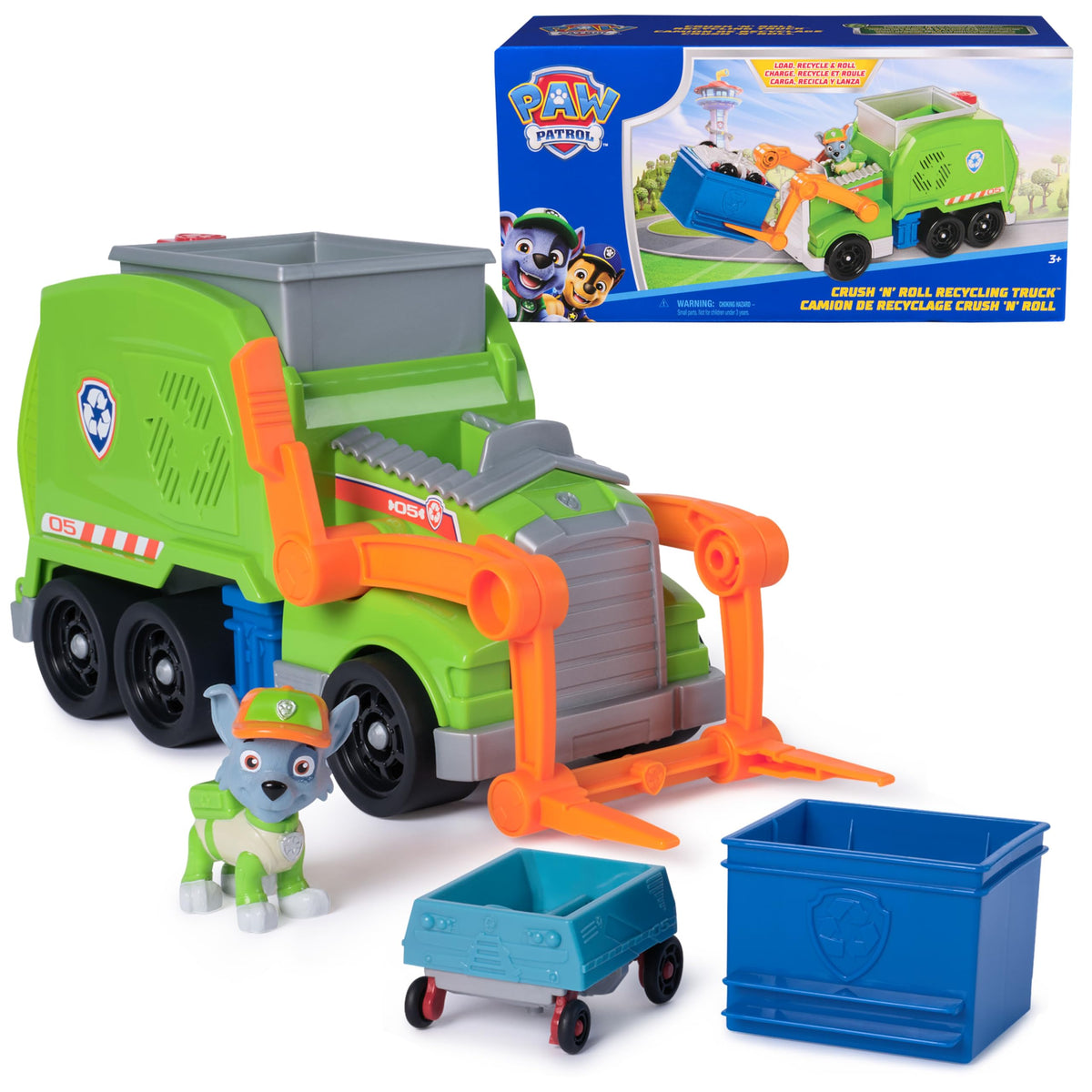 Paw Patrol Rocky beside recycling truck in action for imaginative play