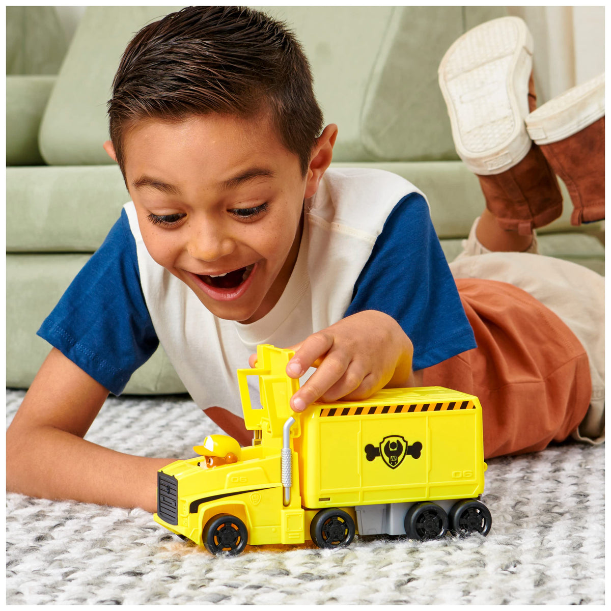 PAW Patrol Rubble at the controls rotating rescue crane for pretend rescues