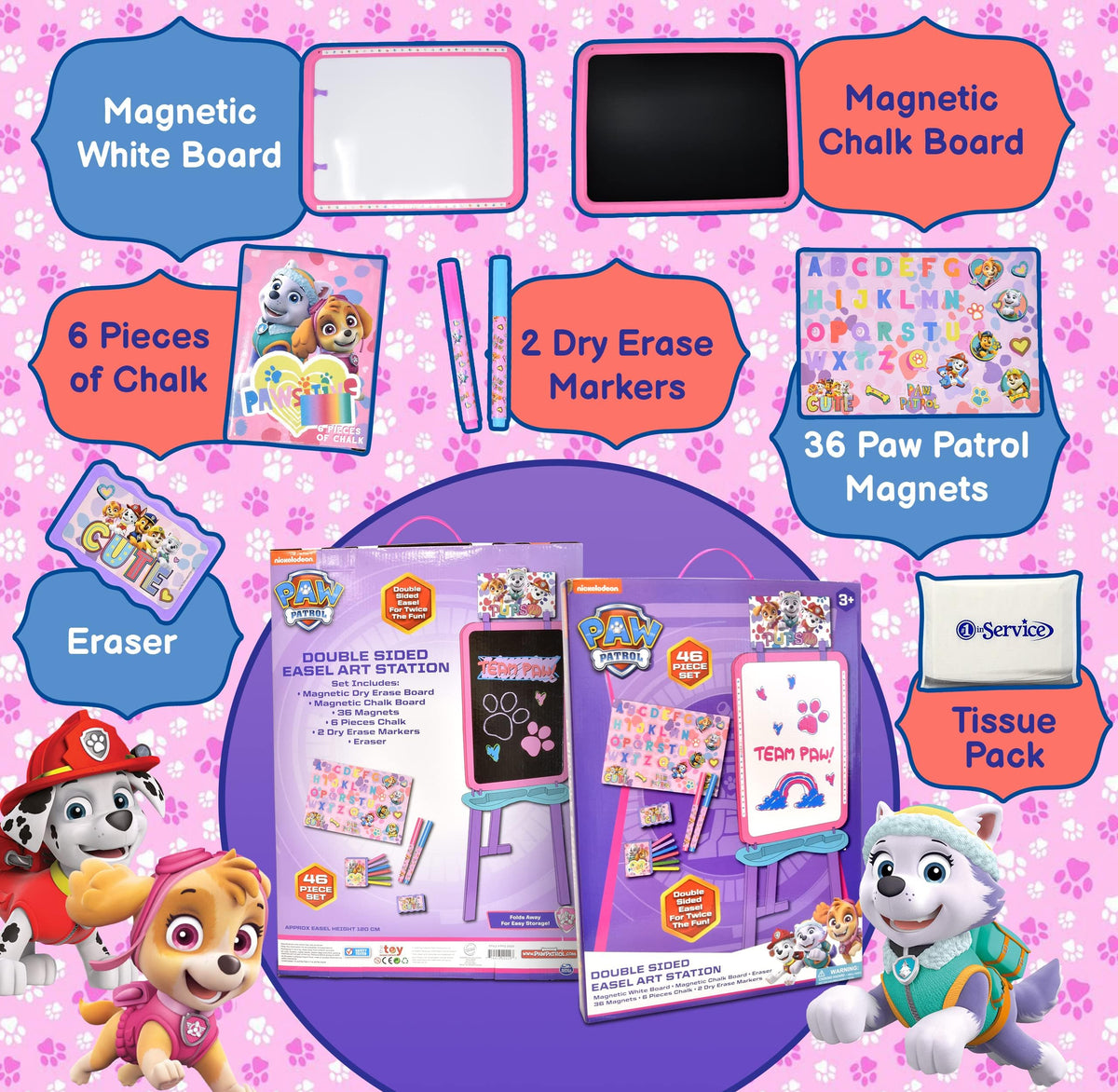 Paw Patrol easel with dry erase board for quick, mess-free drawing.