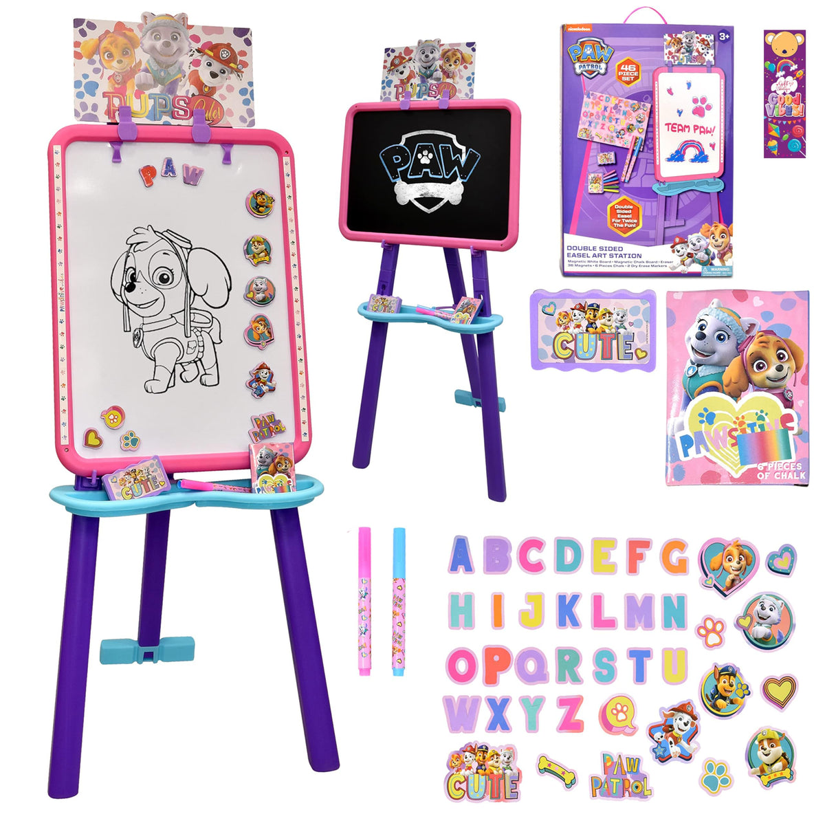 Paw Patrol standing art easel with magnetic chalkboard for creative playtime.