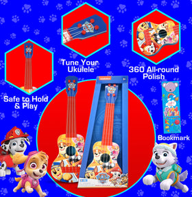 Paw Patrol ukulele closeup-strings highlights durable, safe strings for small hands.