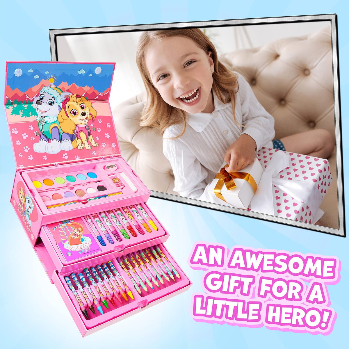 Paw Patrol watercolors set with brush and sponge for playful painting.