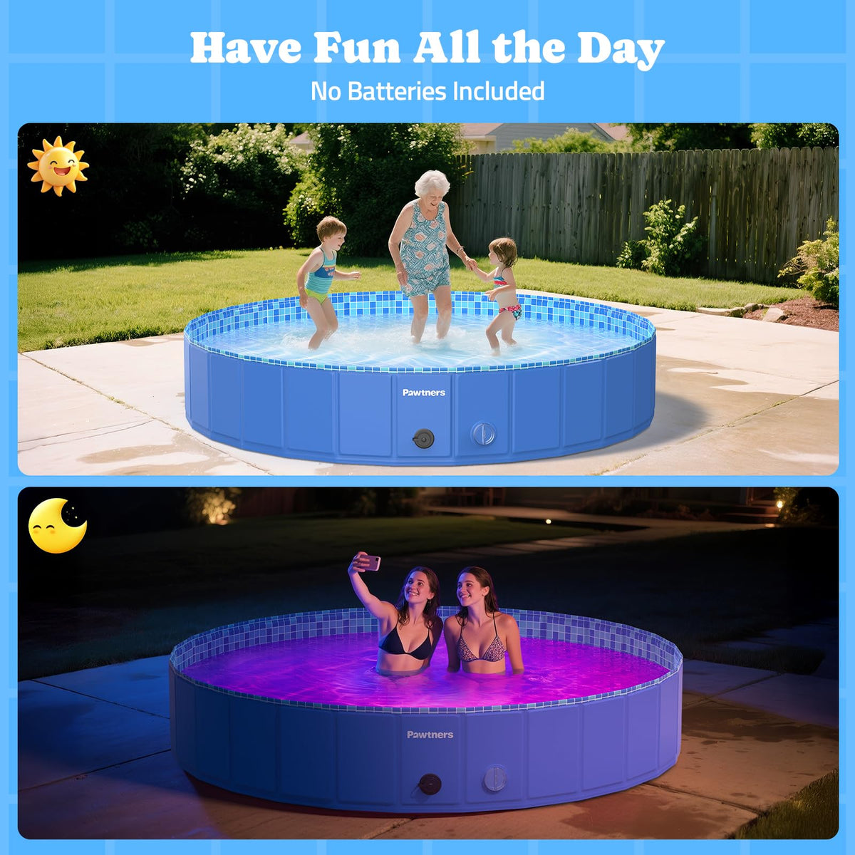 Pawtners 78-inch collapsible pool ready for pets and kids at home.