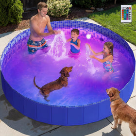 Pawtners foldable dog pool with LED remote lights for backyard fun.