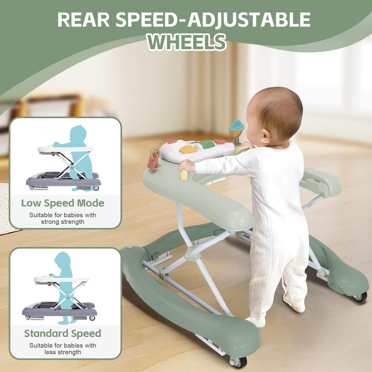 Pawtong adjustable-height walker demonstrating growth with baby