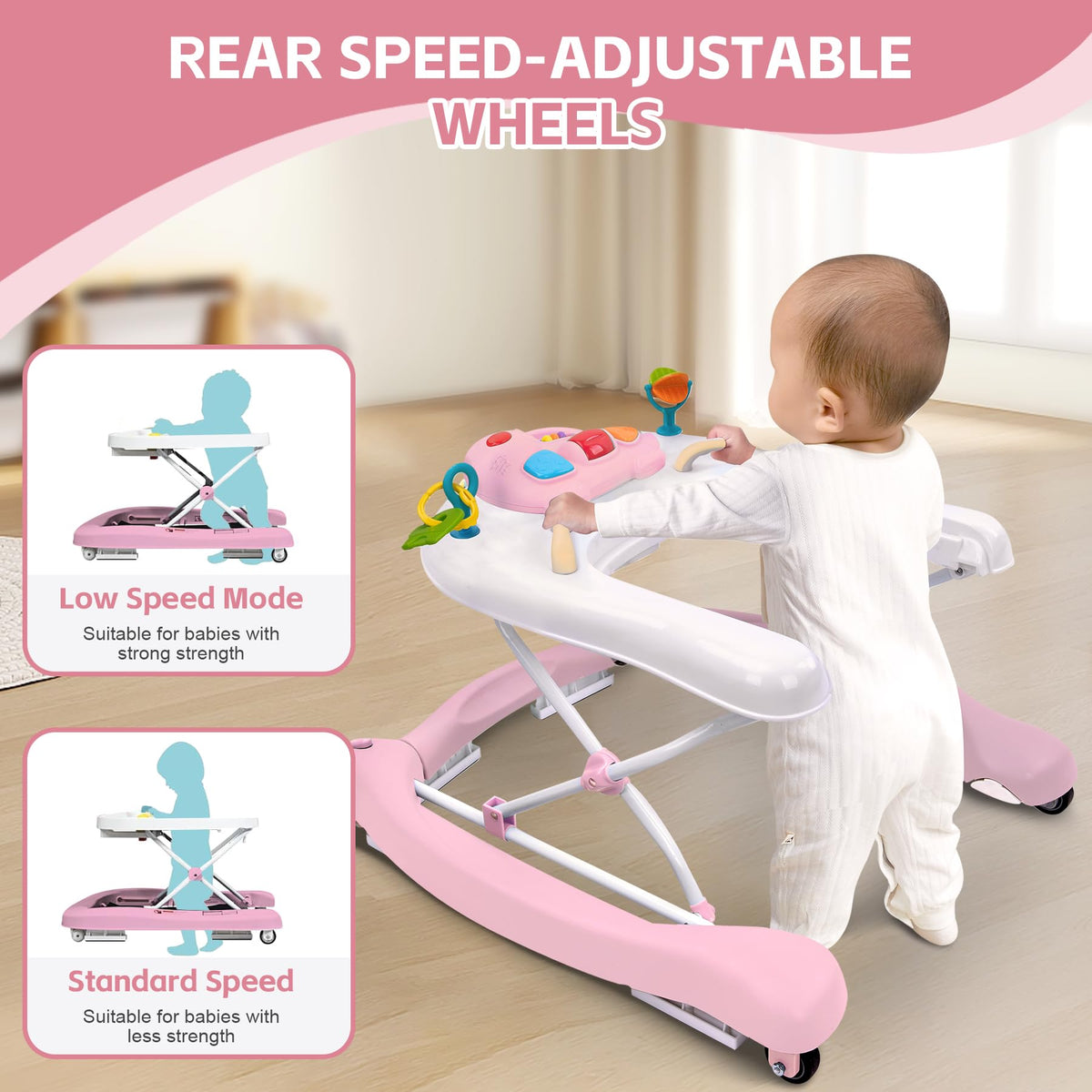 Pawtong adjustable-height walker keeps baby at comfortable height.